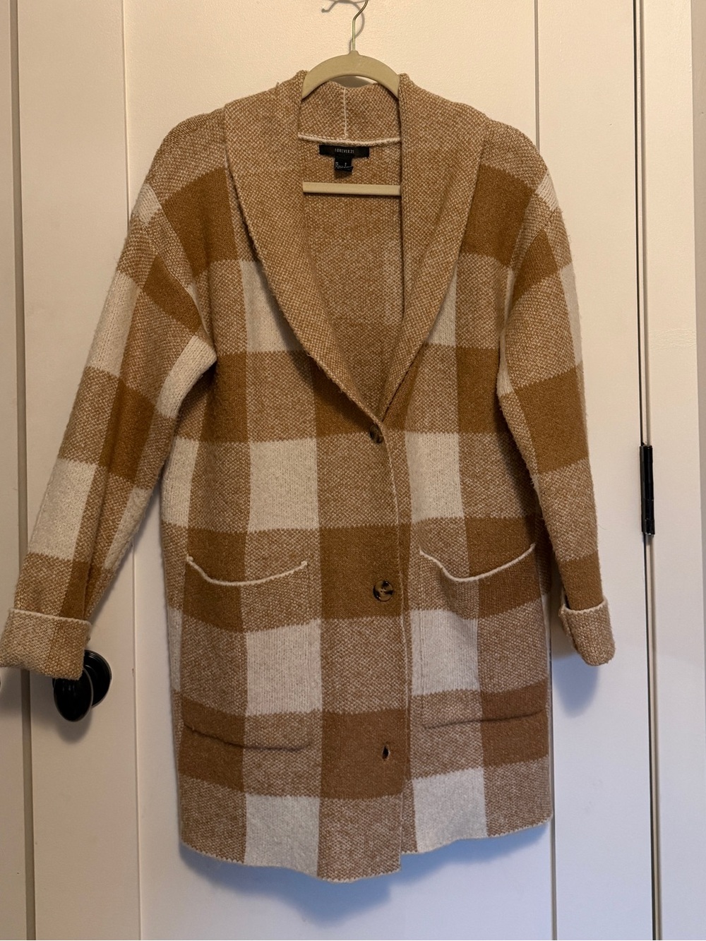 Plaid Gingham Check Shawl Collar Knit Sweater Cardigan Jacket Medium